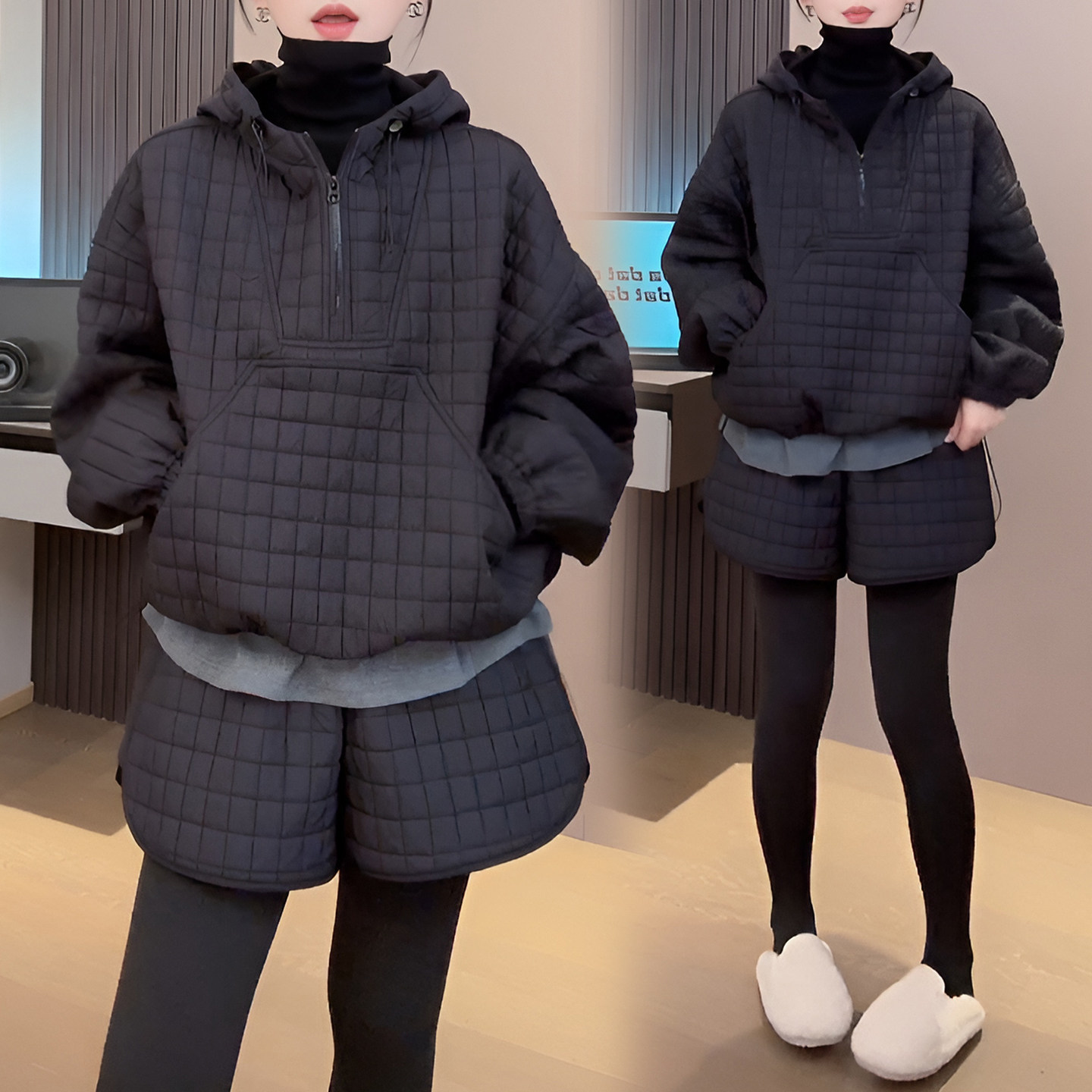 棉服套装加厚卫衣短裤两件套