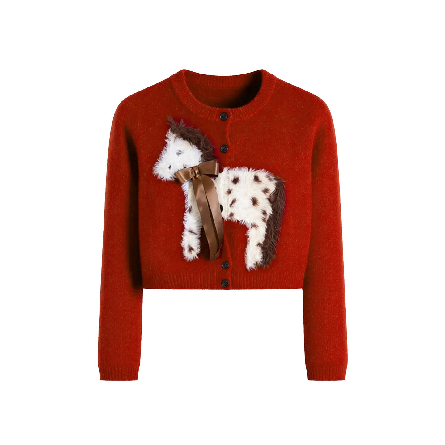 2025新年红色小马图案蝴蝶结针织开衫女秋冬季毛衣高级感显瘦上衣,女装/女士精品,毛针织衫,淘宝优惠券,粉丝福利购,淘宝优惠卷