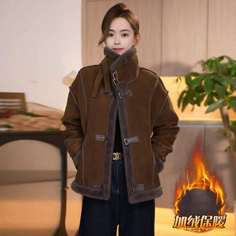 皮毛一体羊羔绒外套女秋冬2026新款美拉德机车服夹克加绒加厚大衣