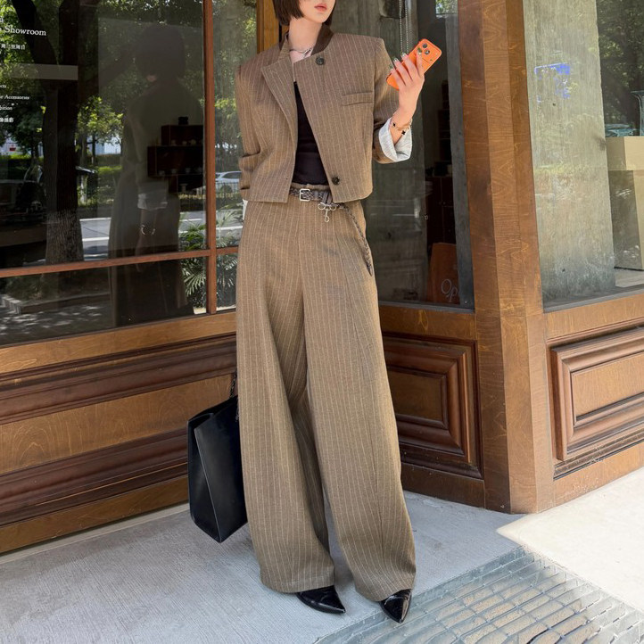 暖色调 秋季新款高级复古气质立领上衣高腰阔腿裤洋气女时尚套装