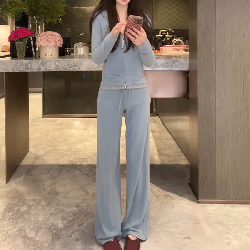 春秋季女士高端小资小套装长袖纯色连帽修身上衣休闲长裤两件套潮