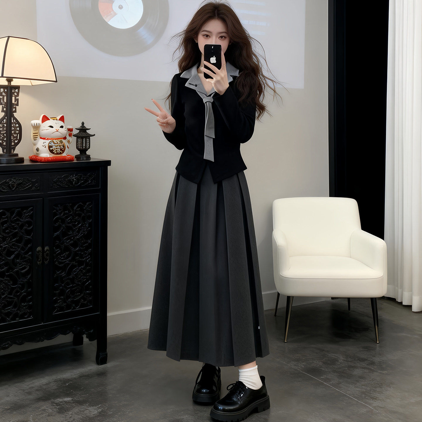 2026春秋季新款气质高级感假两件翻领长袖上衣女百褶半身裙两件套