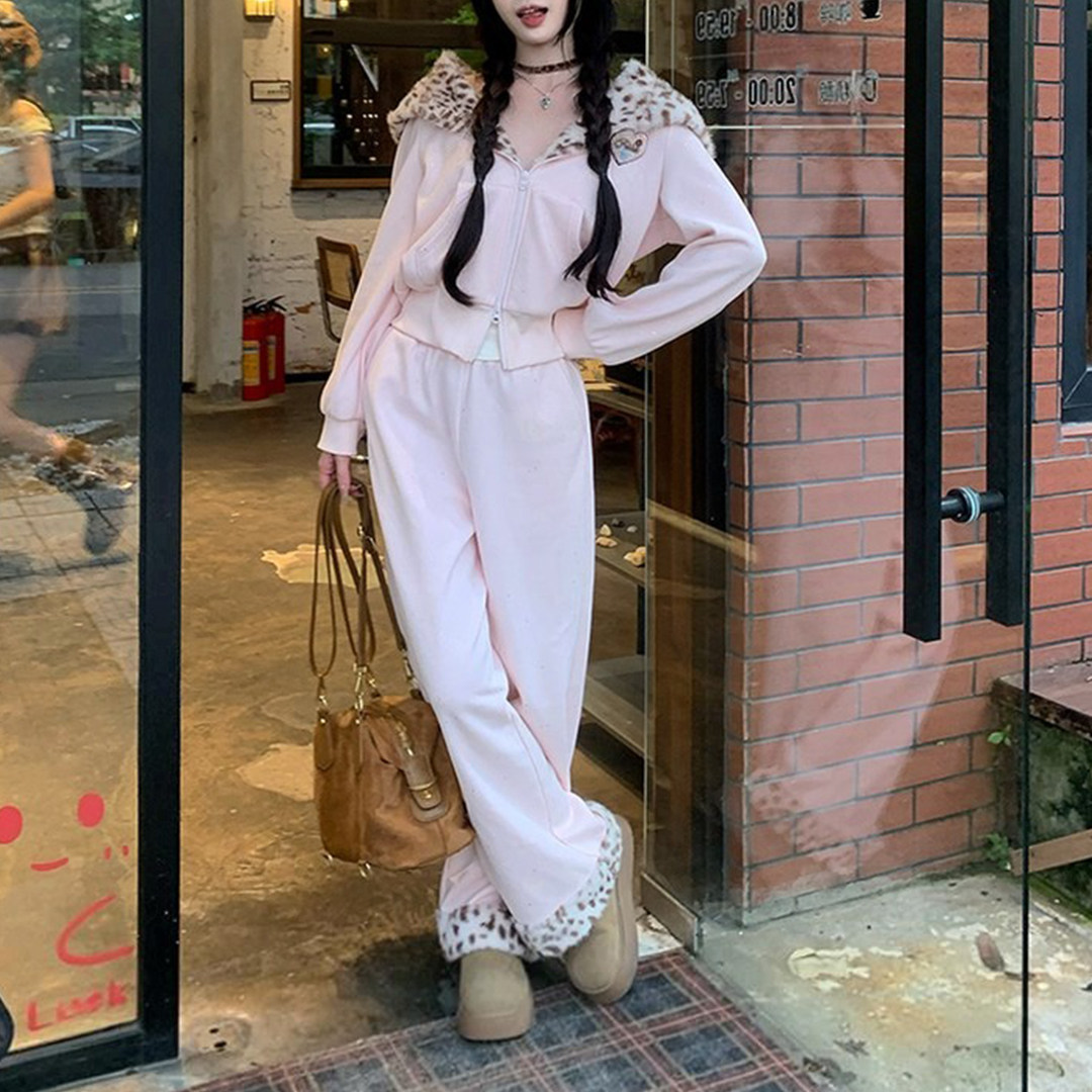 秋冬韩系甜美显瘦时尚百搭粉色碎闪外套+休闲阔腿长裤两件套装女