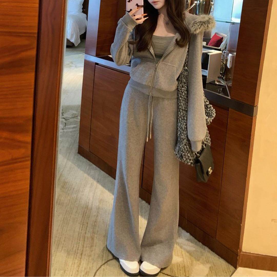 韩系甜美少女感时尚气质感显瘦毛领连帽上衣+垂感舒适阔腿裤套装