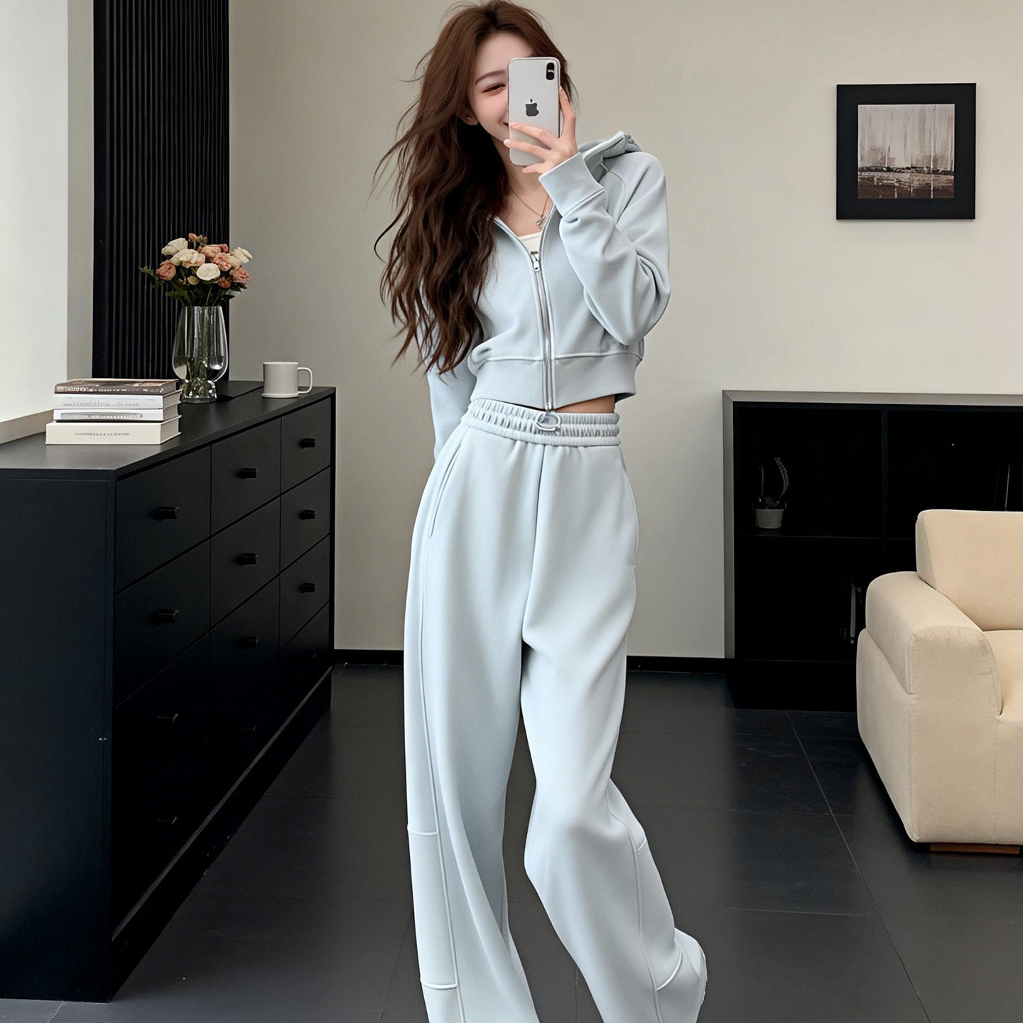 韩系时尚慵懒风连帽卫衣套装女春秋新款显瘦拉链上衣阔腿裤两件套