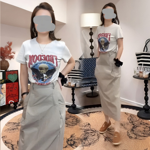 欧货正肩圆领短袖 女夏薄高腰休闲半身裙设计感两件套 T恤时尚 套装