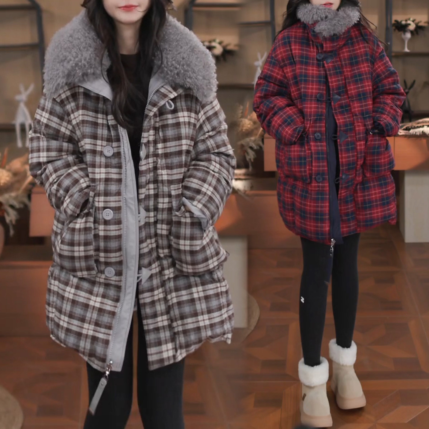 复古格纹毛毛领撞色棉服外套女冬季2026新款中长款小个子时尚棉衣