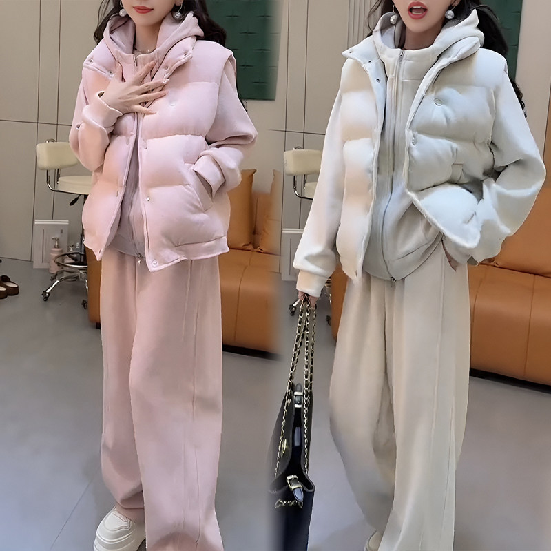 韩式极简风休闲运动套装女秋冬加绒加厚卫衣外套马甲阔腿裤三件套