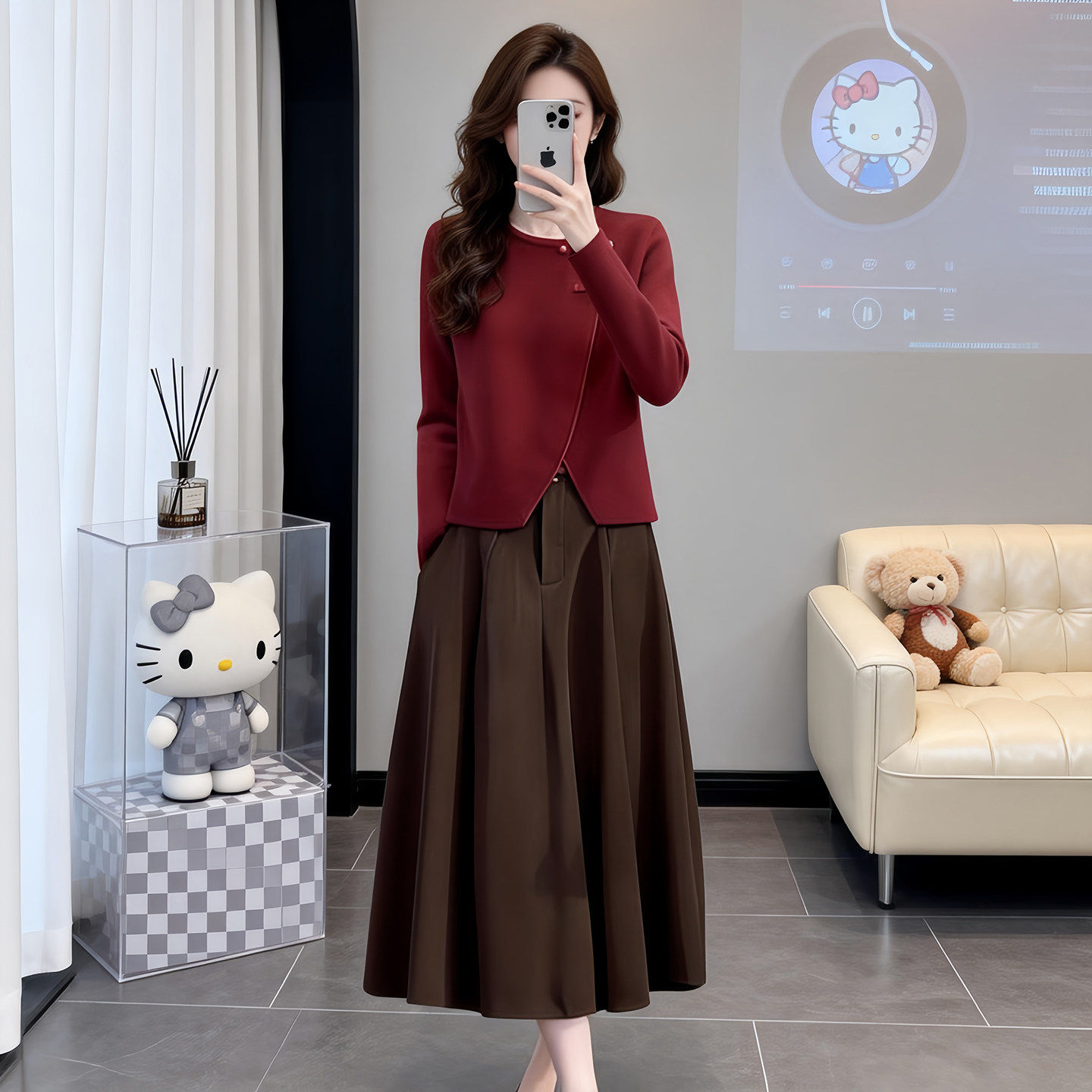 设计感不规则新中式盘扣针织衫上衣女2026春秋新款气质半身裙套装