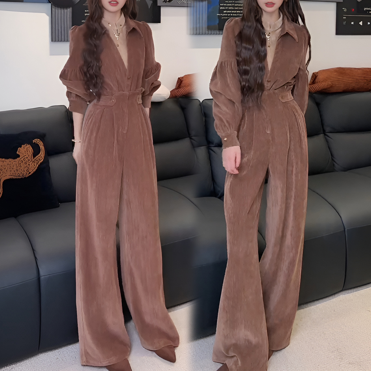 假两件衬衫收腰系带阔腿裤套装