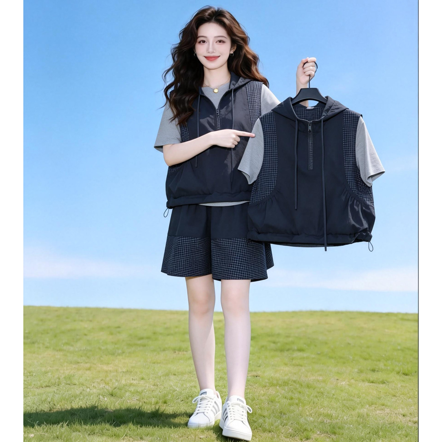 2026新款宽松显瘦休闲运动套装女学生立领马甲短袖短裙时尚三件套