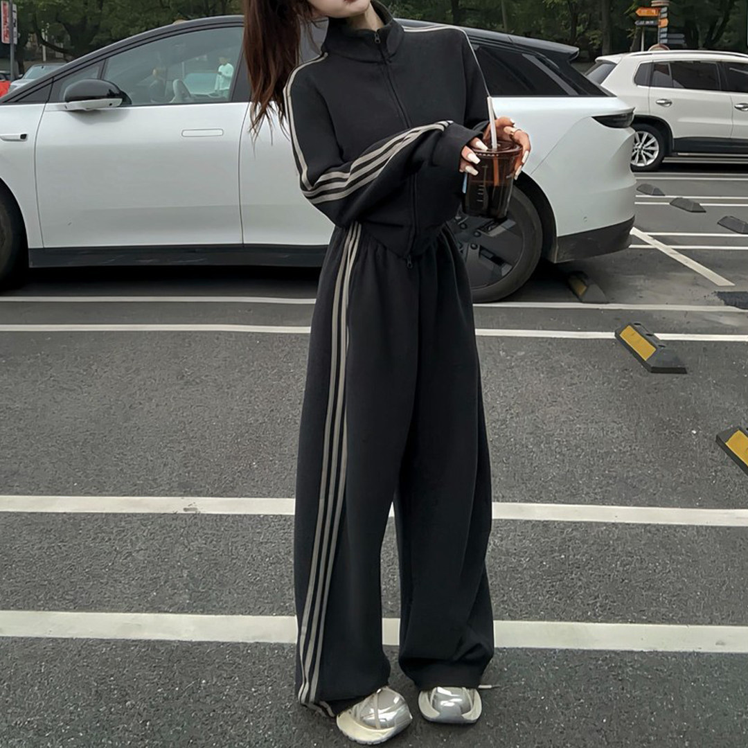 2026冬季三条杠织带拉链显瘦气质高品质加厚短外套+裤子两件套女