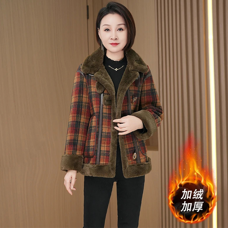 小香风格子毛毛外套女2025新款爆款秋冬妈妈皮毛一体加绒加厚大衣