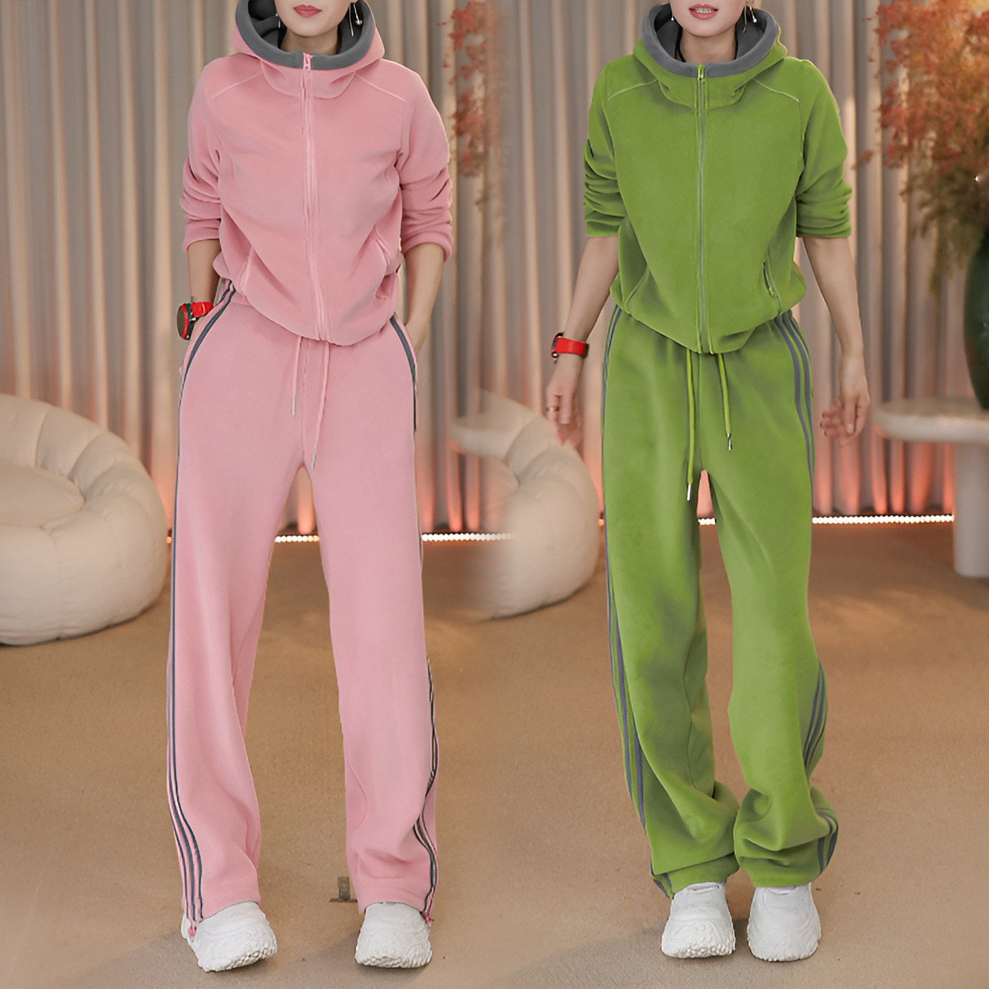 2026冬季新款高级感气质连帽显瘦卫衣搭休闲加绒阔腿裤两件套装女