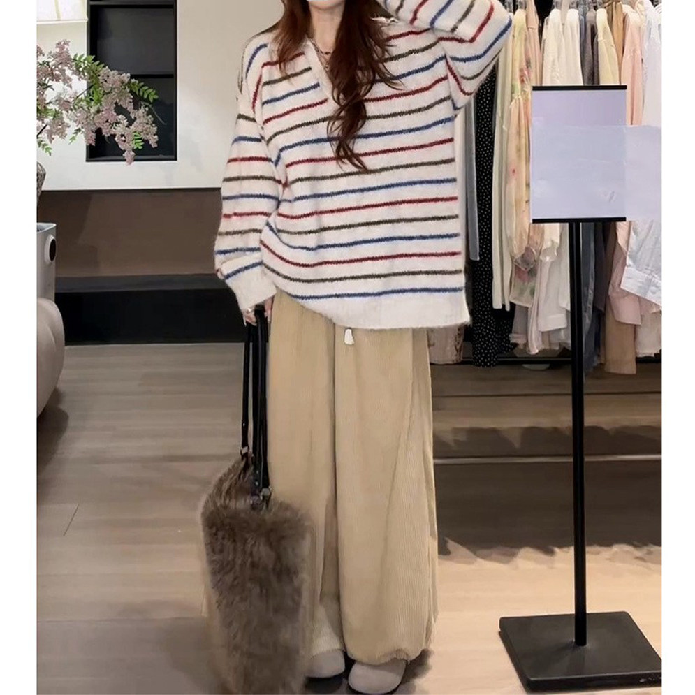 [氛围彩条松弛感翻领毛衣]秋季长袖秋冬针织阔腿裤显瘦女两件套装