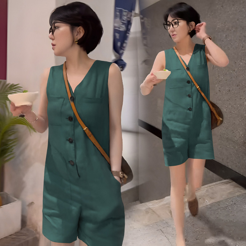 法式复古亚麻连体裤女夏天宽松无袖v领显瘦连衣短裤简约休闲裤子
