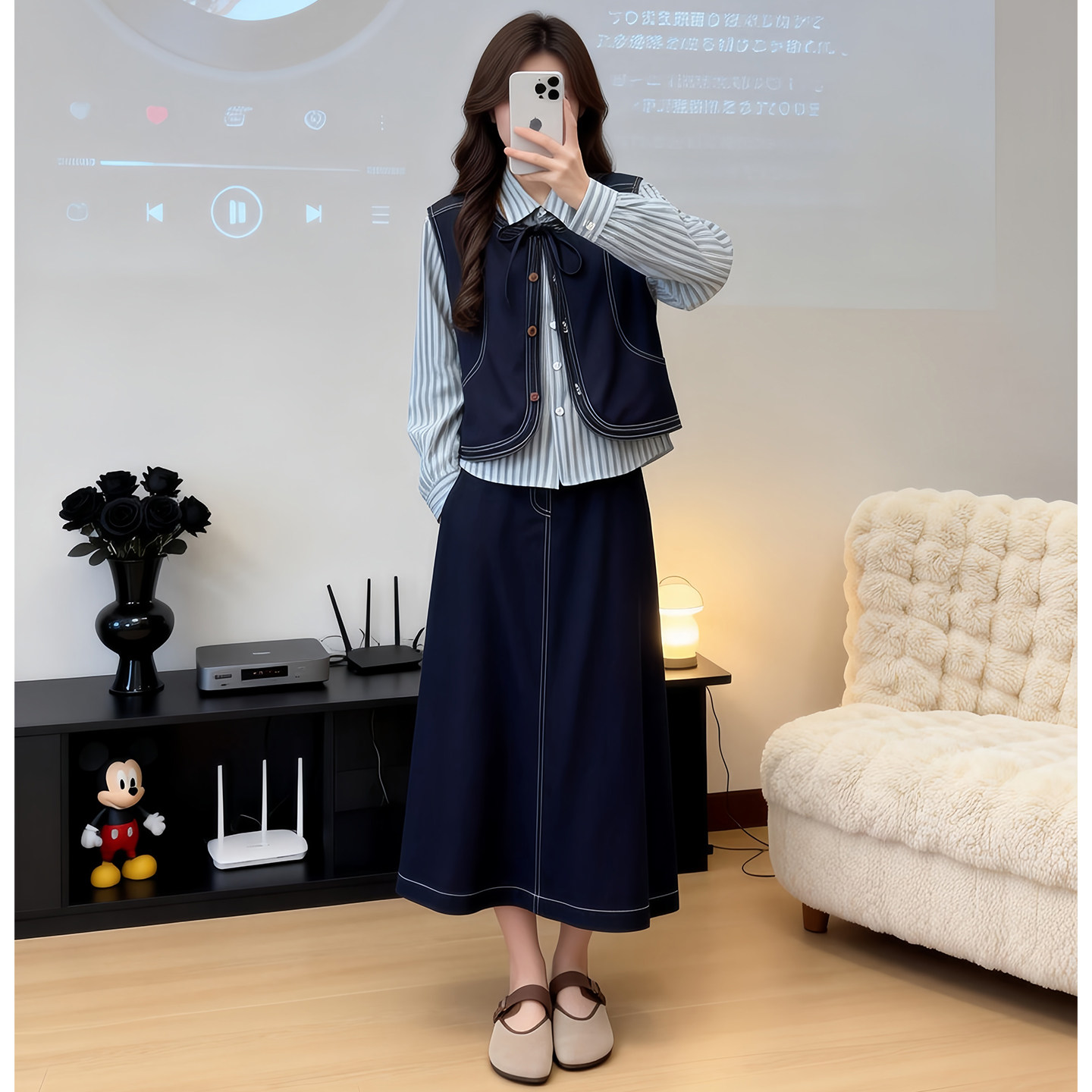 ootd一整套穿搭春秋季2026超火韩系牛仔马甲衬衫半身裙套装三件套