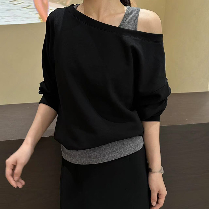 春秋松弛感穿搭套装女2025新款慵懒风拼接露肩卫衣+半身裙两件套