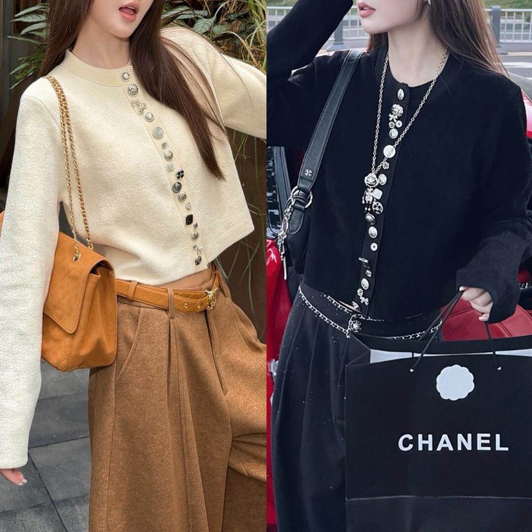 新款上新小香风富家千金感女装重工金属纽扣短款显瘦气质针织开衫