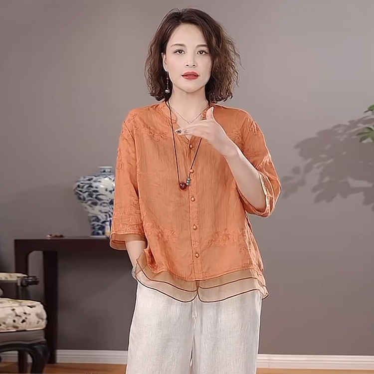 文艺棉麻上衣2025夏季新款薄款衬衣女重工刺绣雪纺下摆拼接衬衫潮