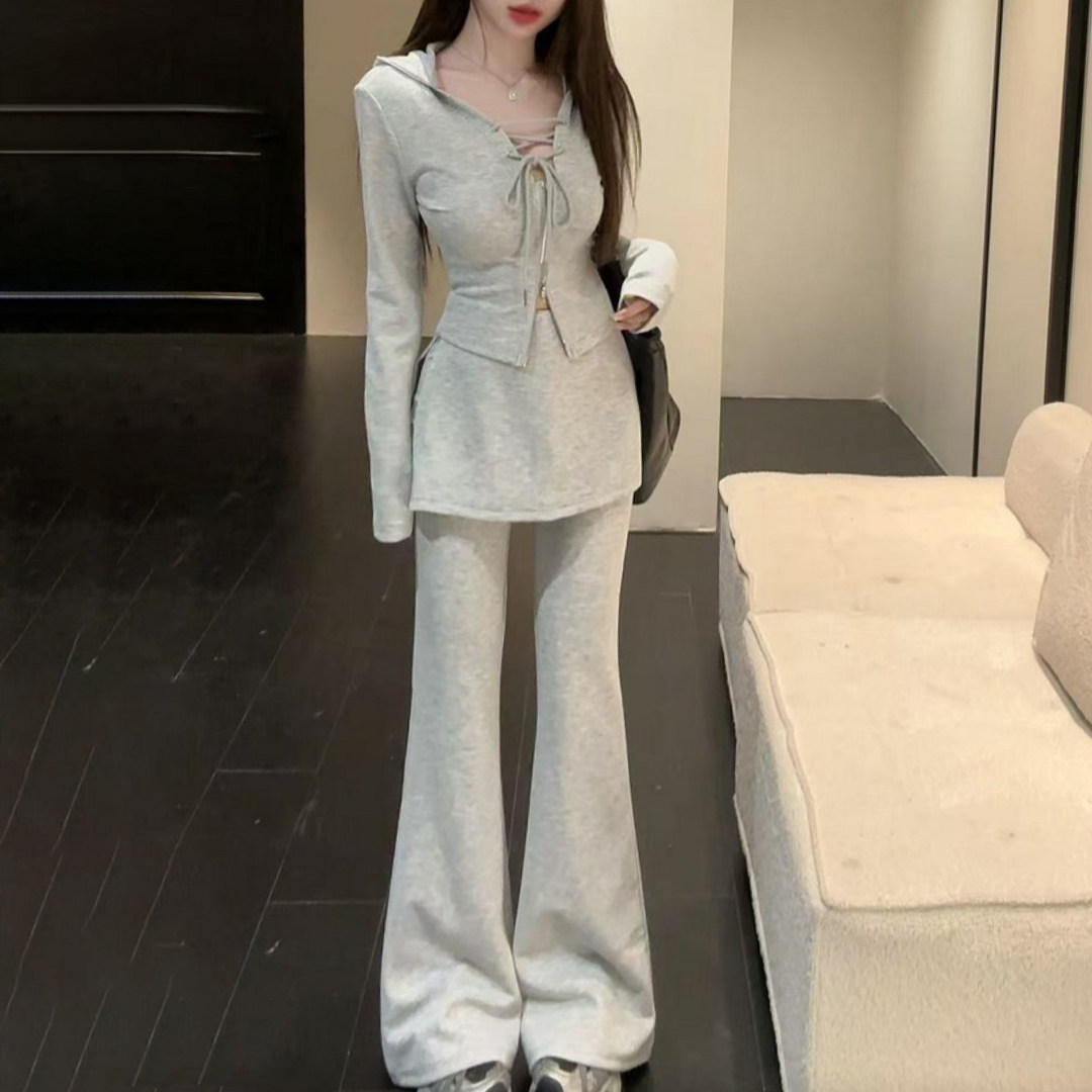 法式气质显瘦连帽上衣搭配阔腿裤时尚感休闲修身女套装春秋季新款