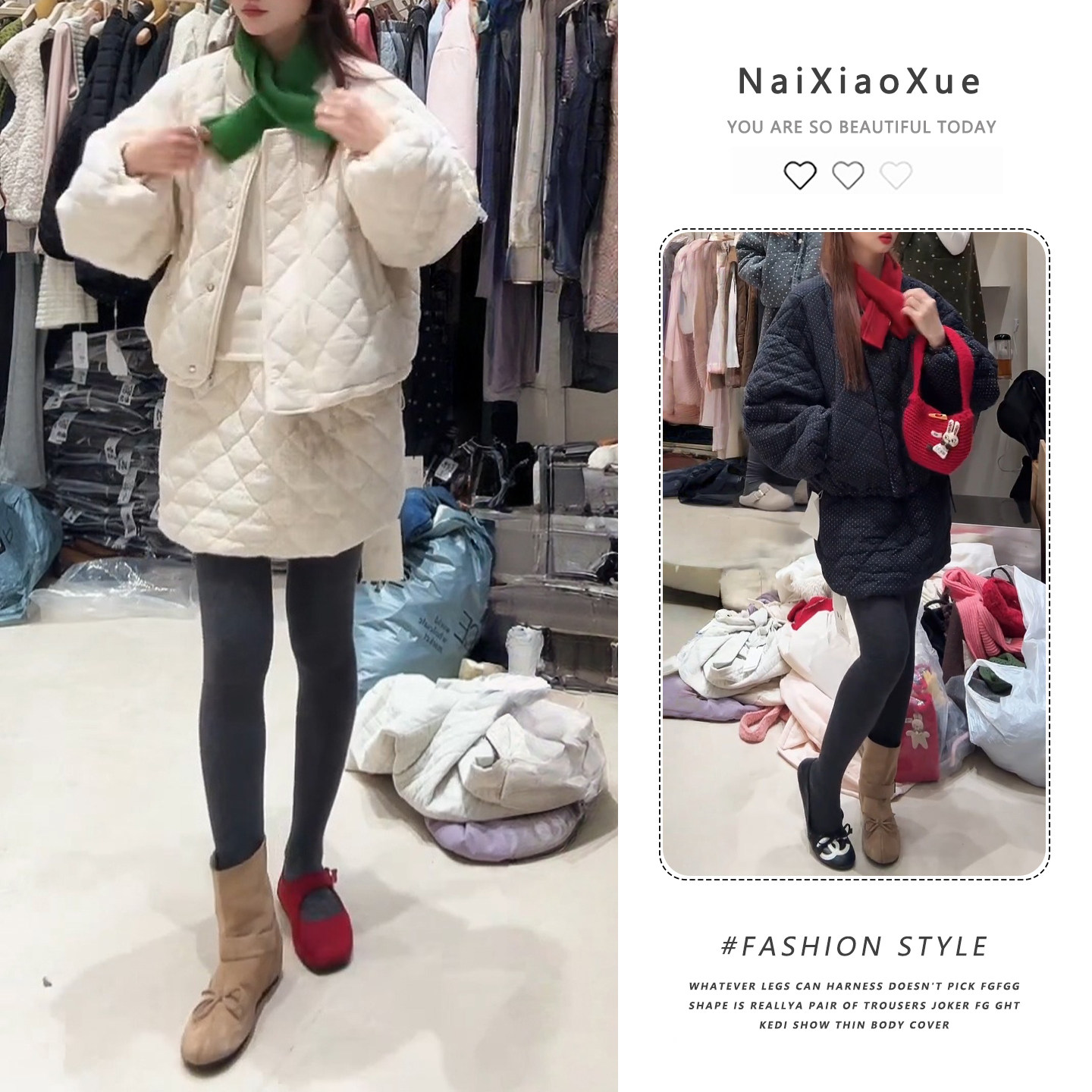 冬季甜美风时尚穿搭女装减龄波点圆领棉服外套加厚短裙氛围感套装