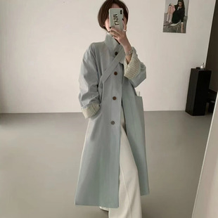 米白色条纹上衣2026春秋新款小个子韩系中长款立领爆款风衣外套女