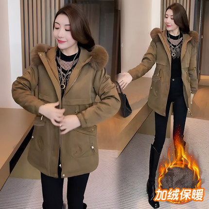 加绒加厚连帽派克服女秋冬季妈妈装保暖大毛领中长款棉衣棉服外套