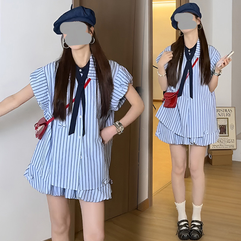 韩系学院风条纹短袖衬衫女夏季小个子穿搭一整套花苞短裙两件套