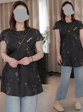 新中式复古黑色斜襟短袖衬衫女夏季女士高级感气质优雅大码上衣潮