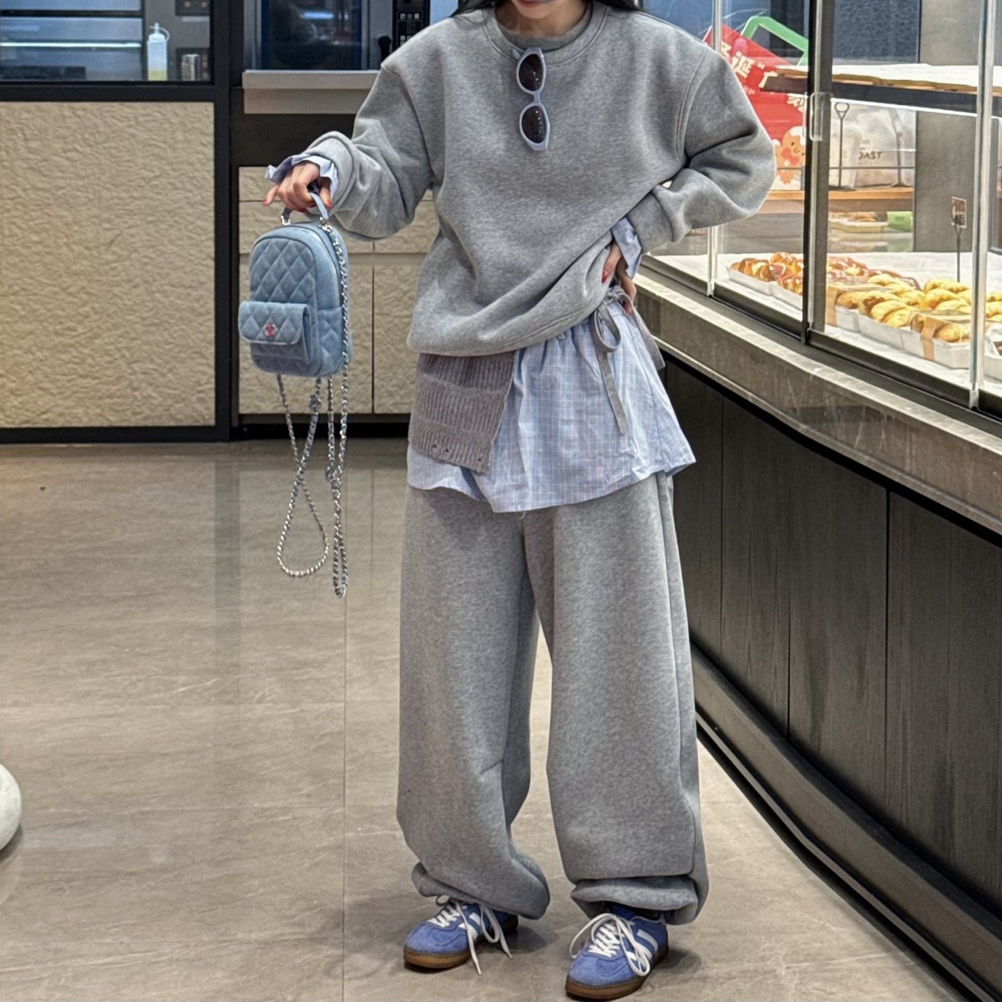 韩版时尚减龄慵懒风卫衣套装女2026年秋冬新款格子屁帘卫裤三件套