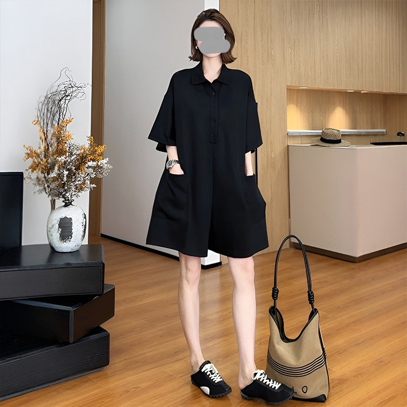 宽松慵懒风休闲黑色短袖连衣裤2025夏季新款高级感法式连体短裤女