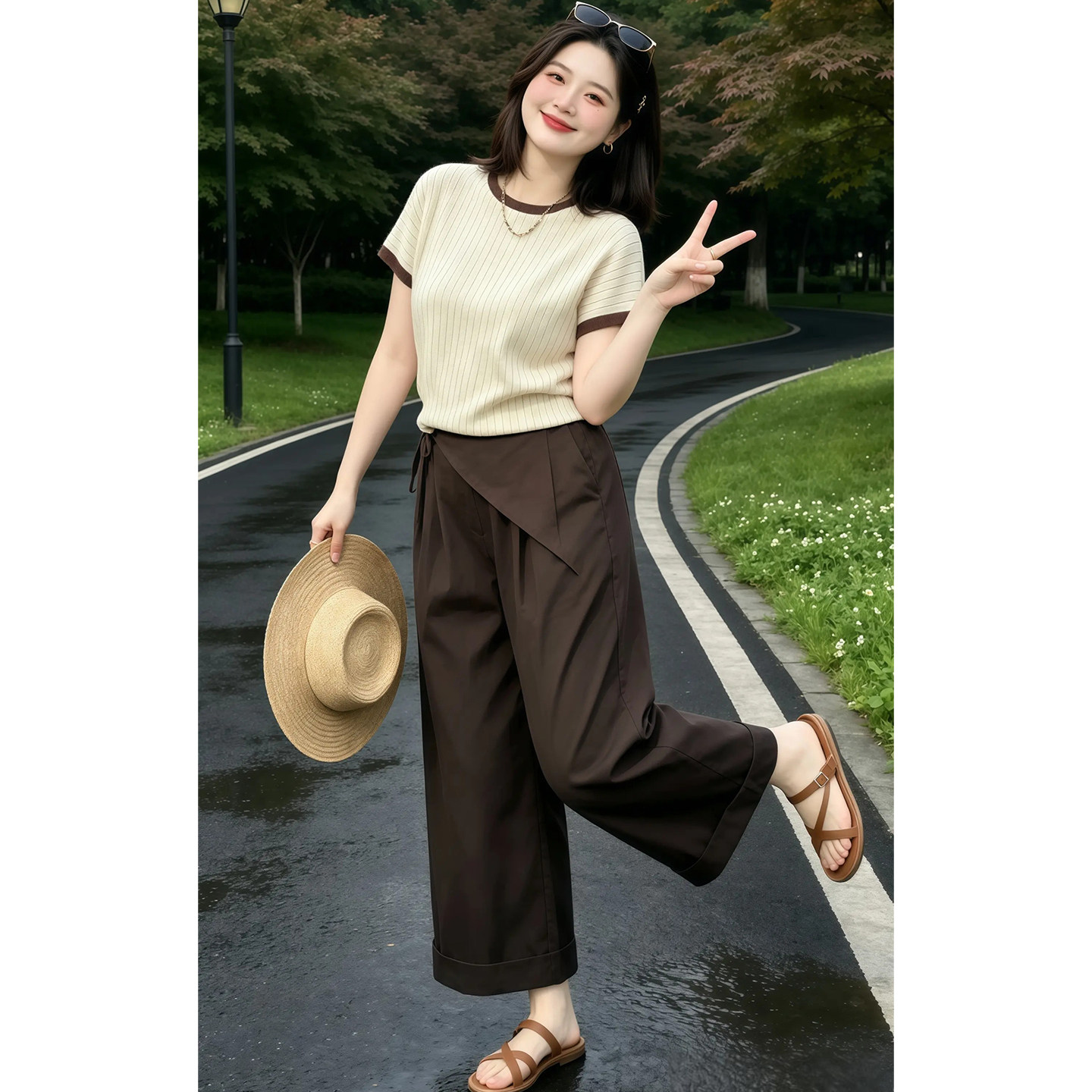 韩版通勤风设计感针织上衣高腰阔腿裤女2026夏季小个子显瘦套装潮