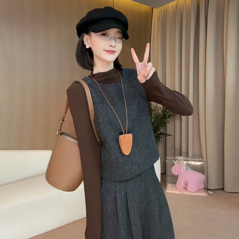 欧货时气质尚高级感马甲套装女秋冬气质长袖衬衫九分阔腿裤三件套