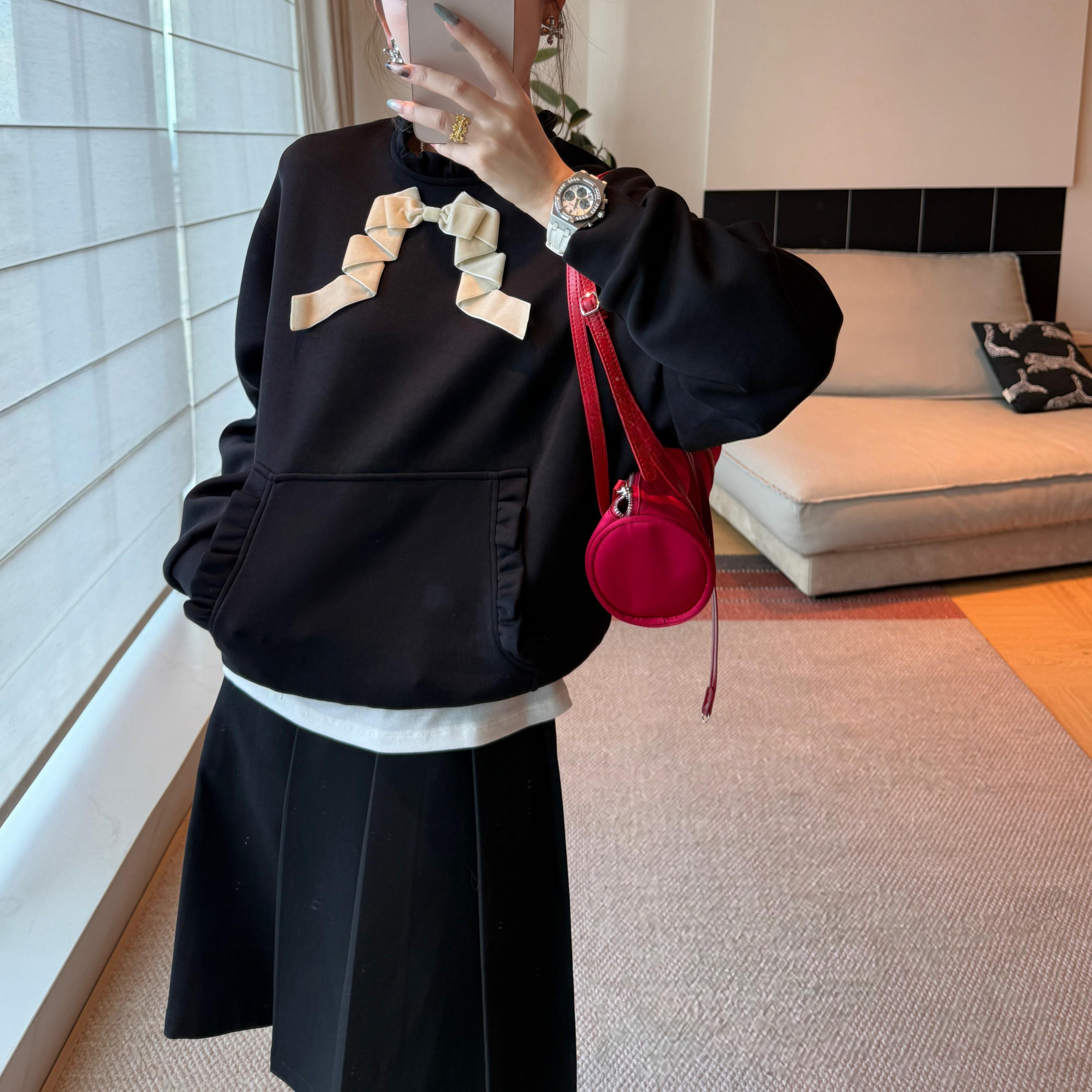 知性雅韵木耳边立领蝴蝶结卫衣+百褶侧拉链中款裙裤