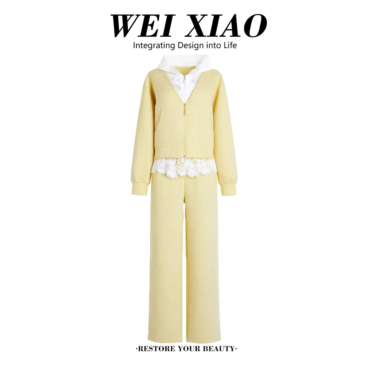 慵懒风休闲运动套装女春秋新款洋气蕾丝拼接连帽卫衣阔腿裤两件套