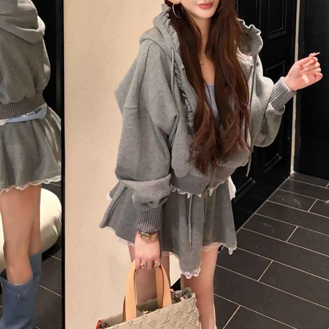 蕾丝远山 木耳边蕾丝连帽外套+短裙显瘦少女感温柔风气质两件套装