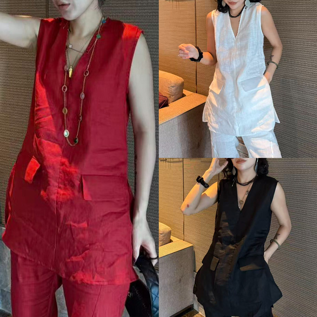 女时尚感设计V领套头马甲松弛感显瘦短袖+自留款马蹄开叉休闲裤