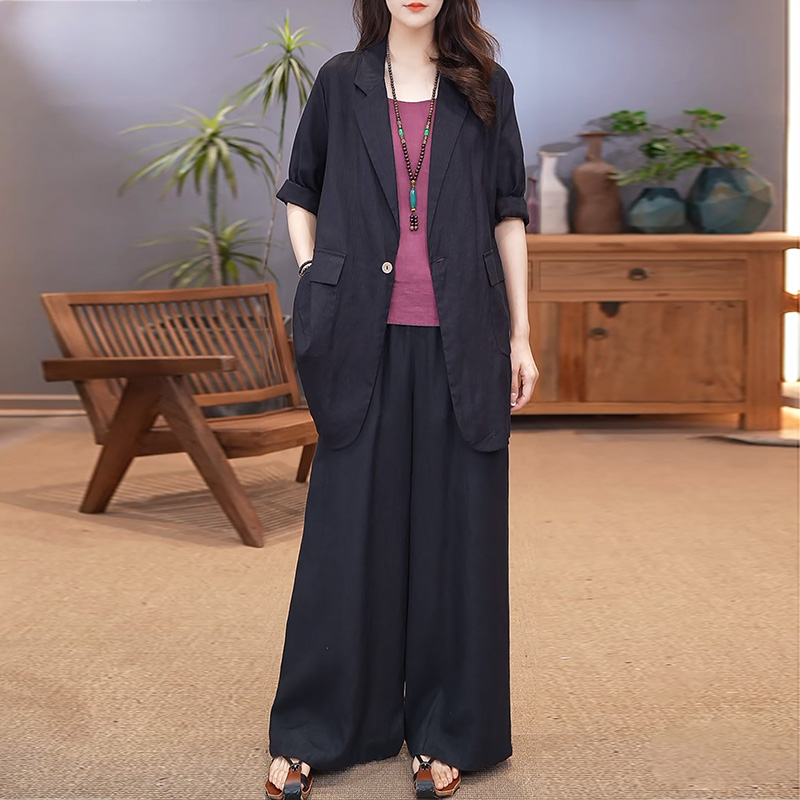 时尚亚麻西装套装女2026春夏新款民族风气质显瘦外套+裤子两件套