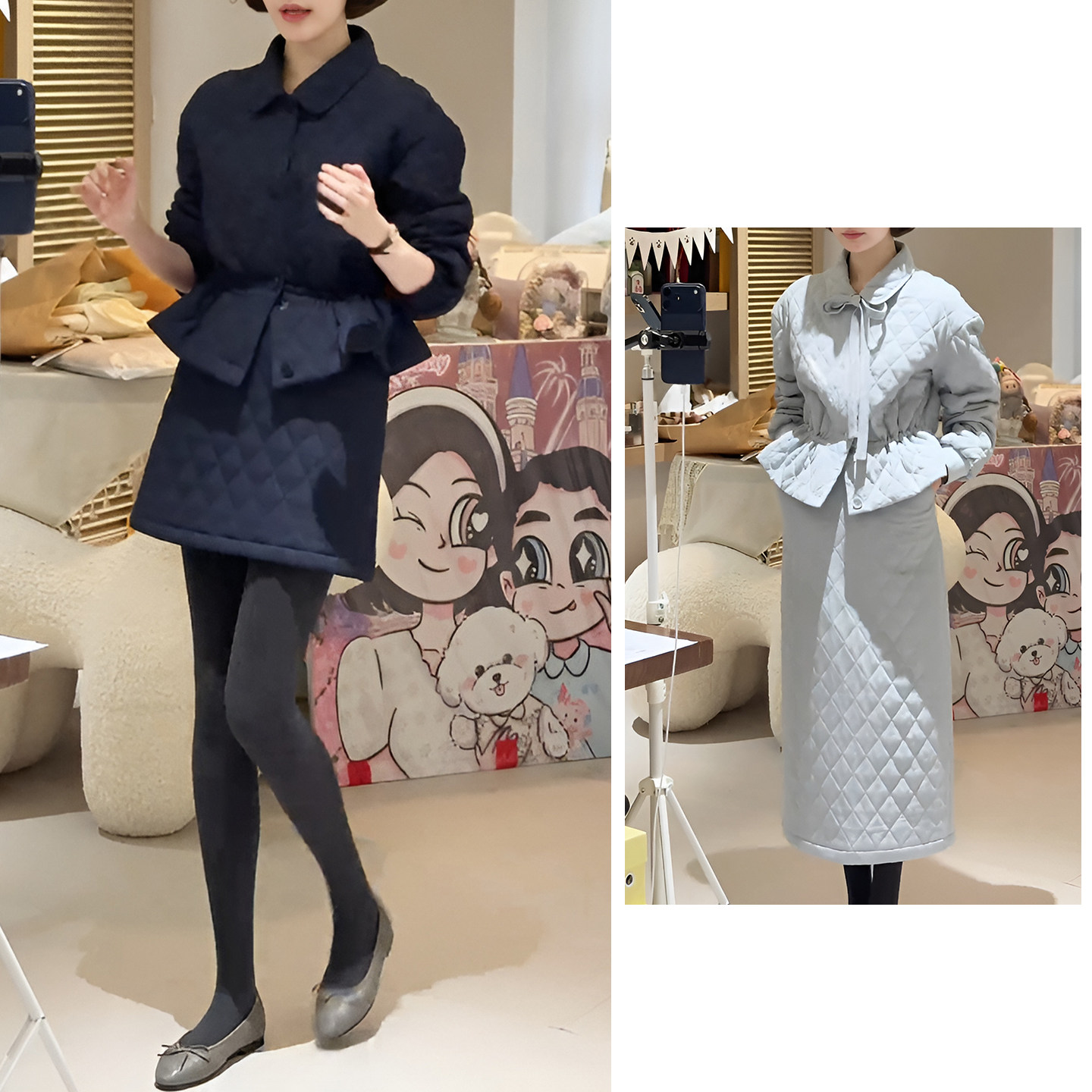 棉服外套+显瘦简约半身裙两件套