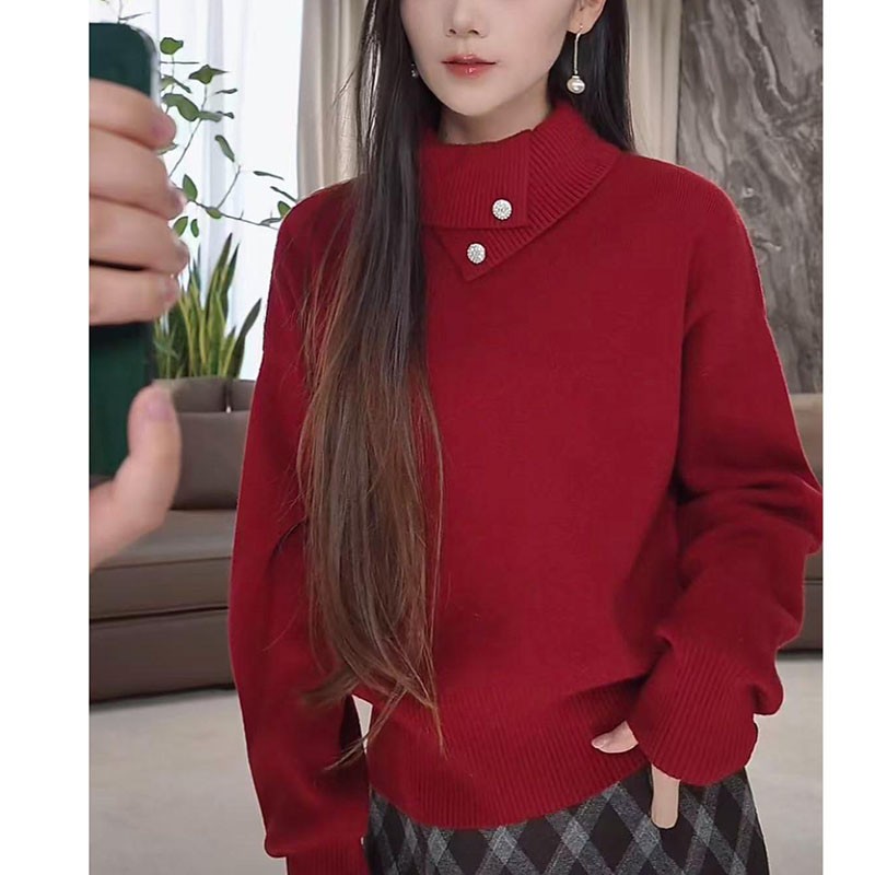 新年时尚百搭穿搭喜庆红百搭修身毛衣2025秋冬季时尚针织衫女套头