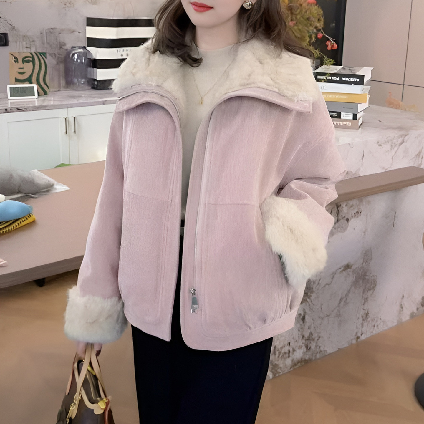 洋气毛毛领简约百搭短外套2026新款女冬加绒加厚小个子慵懒风棉服