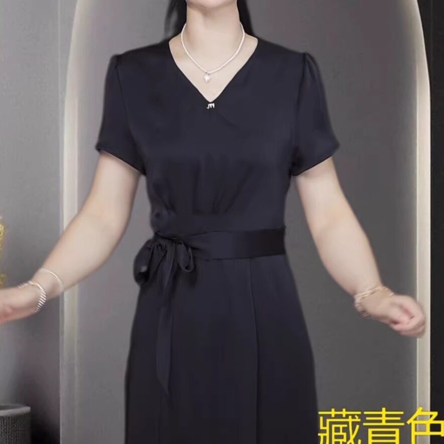 高级冰丝提花缎简约时尚纯色礼服裙2025夏季新款中青年婆婆连衣裙
