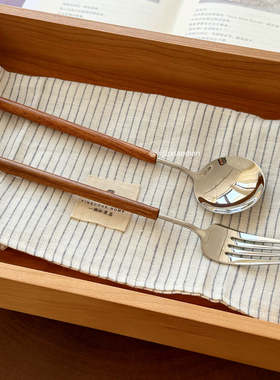 一家小店 颜色美丽 用着顺手 ins风花梨木实木不锈钢饭叉勺西餐