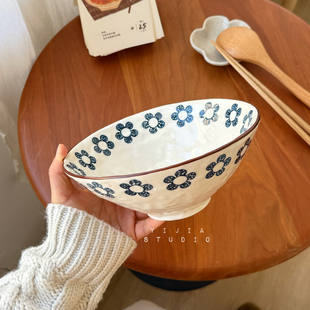一家小店 又见蓝花 日式手捏感粗陶斗笠碗釉下彩吃面碗嗦粉大碗