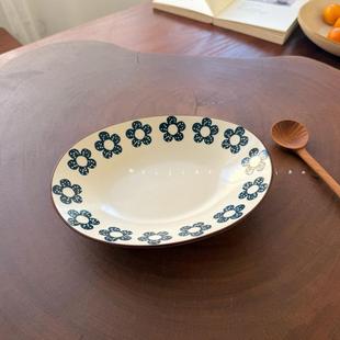 一家小店 朵朵小蓝花 粗陶质感日式复古花朵椭圆小食盘 点心碟
