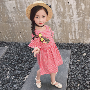 纯棉裙子舒适 2024童装 女童连衣裙夏季 新款 刺绣格子裙女宝宝喇叭袖