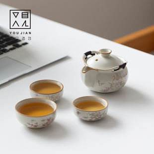 又见造物紫藤花手抓快客茶具套组一壶三杯可携式 户外旅行家居陶瓷