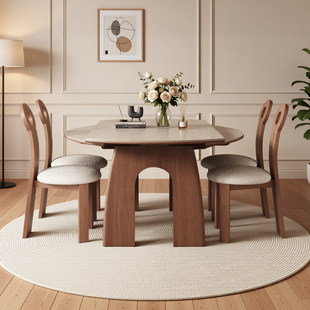 政府补贴馨佰利岩板餐桌椅2026新款家用可变圆桌复古风实木饭桌