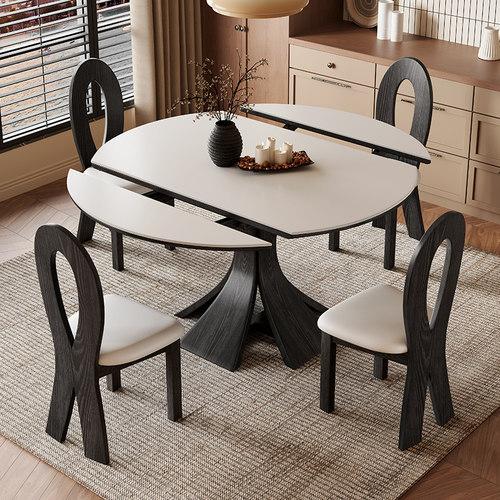 馨佰利岩板实木餐桌可伸缩餐桌